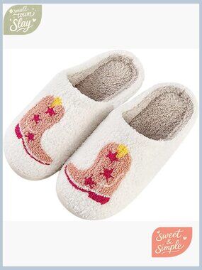 Retro Cowgirl Boot Slippers Plush Memory Foam Indoor Outdoor Winter Warm